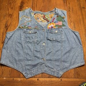 Republic Women's Sleeveless Denim Vest Embroidered Button Embellishments Size 26